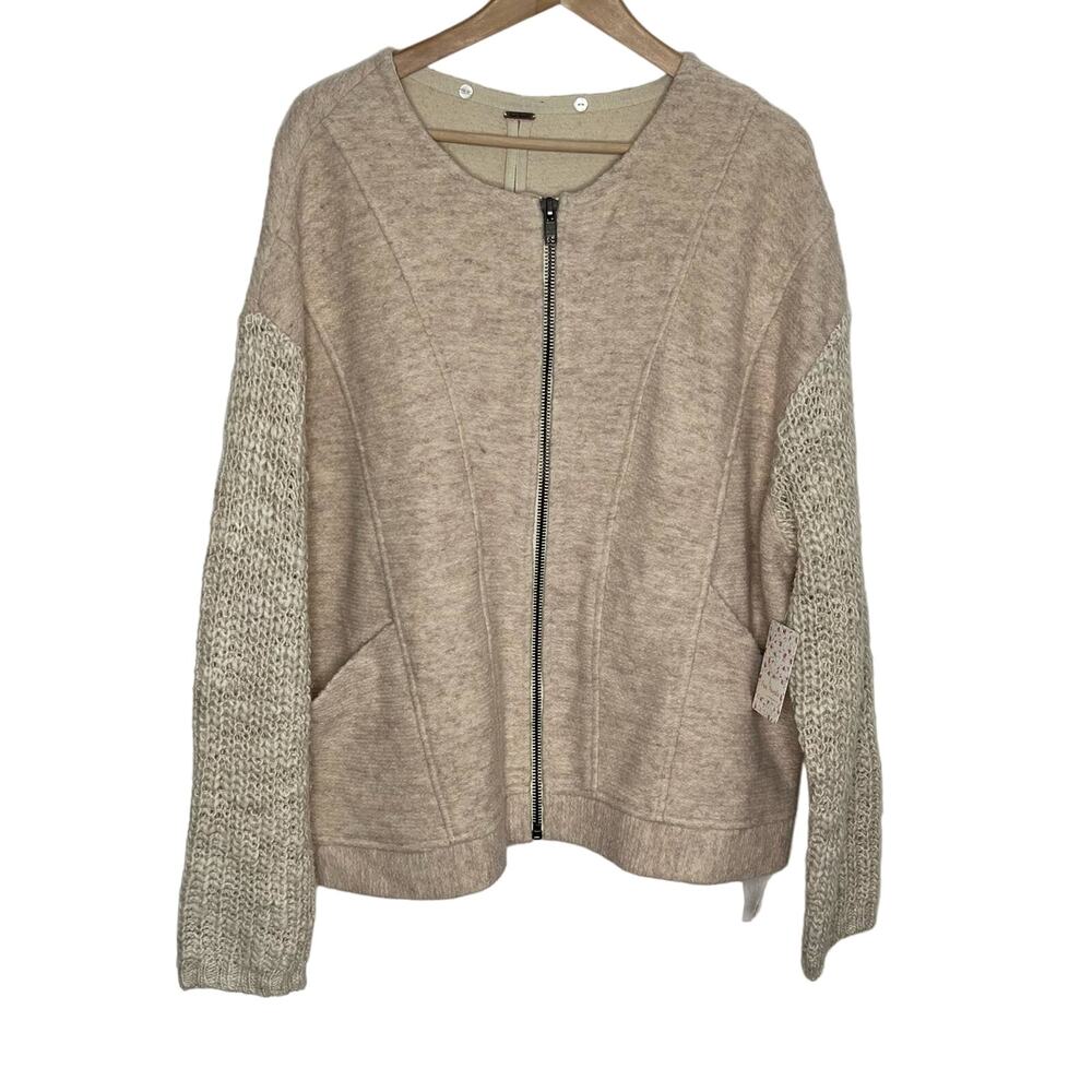 Free People Women's Superstar Jacket Size Large Beige Cream Wool Blend Knit READ